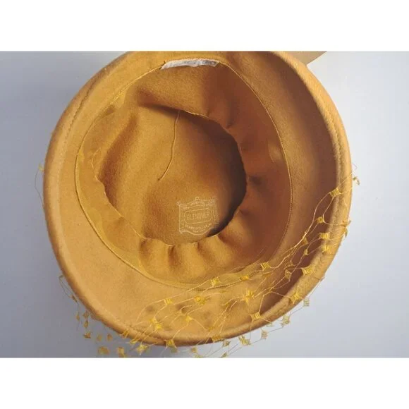 Vtg Glenover Derby Wool Cloche Hat With Netting & Bow Women's Gold Union Made - Picture 6 of 13